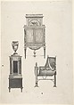 Design for furniture in a variation on the style of Thomas Sheraton, a desk or bookcase, a plate-warmer (?) pedestal, and a cradle, Anonymous, Gray ink and wash