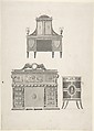 Designs for furniture in a variation on the style of Thomas Sheraton, a breakfront, a sideboard, and a low cupboard, Anonymous, Gray ink and wash
