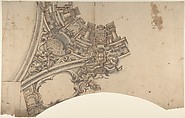Design for a Part of a Painted Vaulted Ceiling with a Coat of Arms in Form of a Cross, Anonymous, Italian, Piedmontese, 18th century Italian, Pen and brown ink, brush with gray, brown and red chalk wash, over graphite or leadpoint, with compass and ruled construction; stylus-incised construction outlines