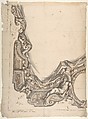 Design for a corner of a Painted Ceiling, Architectural "Cove" with a Seated Figure at the Bottom, and a Putto at the Side, Anonymous, Italian, Piedmontese, 18th century  Italian, Pen and brown ink, brush and gray and brown wash, over graphite or leadpoint; framing lines in pen and brown ink at left and lower borders; detail sketches in graphite or leadpoint (verso)