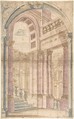Design for a Painted Wall Decoration: Architectural Perspective Seen Through an Arch, Anonymous, Italian, Piedmontese, 18th century Italian, Pen and brown ink, brush with watercolor; framing lines in pen and brown ink; traces of lead point or graphite