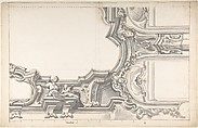 Design for an Elaborate Cornice with a Cartouche and Figures Supporting a Ceiling, with Two Arched Openings, Anonymous, Italian, Piedmontese, 18th century  Italian, Pen and brown ink, brush and gray wash over traces of leadpoint or graphite; scales at bottom in pen and brown ink; construction lines in stylus-incised (rule and compass)