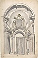Design for an Elaborate Doorway with a Vaulted Ceiling Behind, and a Curtain Drawn Across the Opening, Anonymous, Italian, Piedmontese, 18th century Italian, Pen and brown ink, brush with gray, mauve, and yellow wash, over ruled and compass constructions in lead point or graphite; framing lines in graphite or leadpoint