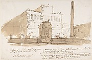 Stage design: piazza with a building, an obelisk, and a monument. Building and monument with numbers referring to inscription below., Anonymous, Italian, Venetian, 18th century Italian, Pen and brown ink, brush and brown wash, over lead, on cream laid paper