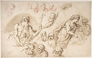Study for a Nativity, Bearded Male Saint, and Head Studies (recto); Two Head Studies (verso), Bartholomaeus Ignaz Weiss (German, Munich 1730–1814/15 Munich), Pen and brown ink, brush and brown wash, highlighted with white gouache, over red chalk and traces of lead? on cream paper (recto); red chalk (verso)