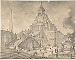 Architectural Fantasy: Temple-like Building with Colonnades, a Monumental Staircase, and a Burnt Offering (Sacrifice) in the Foreground, Anonymous, Italian, 18th century  Italian, Pen and black ink, brush and gray wash, over traces of graphite?, on light tan laid paper