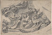 Design for a Decorative Cornice, Anonymous, Italian, 18th century  Italian, Pen and brown ink, brush and gray wash, over black chalk on brown-gray paper<br/>Fragments of framing lines in pen and brown ink