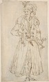 Man in a Long Coat and Turban with a Sword, Anonymous, Italian, 18th century  Italian, Pen and brown ink over black chalk on cream laid paper.<br/>Rubbed with black chalk or charcoal dust for transfer. Outlines stylus-incised for transfer