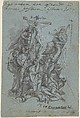 Crucifixion, Johann Wolfgang Baumgartner German, Pen and dark brown and black ink, brush and gray and brown wash, heightened with white, and traces of black chalk on blue paper; incised for transfer; reddened on verso with chalk