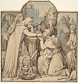 Kriemhild, in Mourning over Siegfried, Handing Out Treasures from the Nibelungen Hoard, Eduard Julius Friedrich Bendemann  German, Pen and brown ink, brush and brown and gray wash, over graphite
