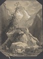 Three Goats in a Moutainous Landscape, Alexandre Calame Swiss, Black chalk heightened with white bodycolor, corners cut