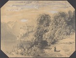 Woman with a dog by a mountain lake, Alexandre Calame Swiss, Graphite, heightened with white bodycolor on tan paper; corners cut.