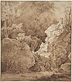 Woodland Scene with Mountain Stream, Johann Georg von Dillis German, Pen and brown ink, brush and brown wash, over graphite; framing lines in pen and brown ink