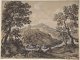 Hilly Landscape with Travellers, Johann Georg von Dillis German, Black chalk, pen and brown and black ink, brush and gray ink, heightened with white body color