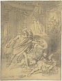 Two Warriors in Classical Costume Bending over Two Figures, Heinrich Friedrich Füger  German, Black chalk and a few stray lines of black ink in lower left on yellow paper (or paper washed with yellow)