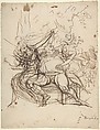 Falstaff with Mrs. Ford and Mrs. Page (Shakespeare, The Merry Wives of Windsor, Act 5, Scene 5), Henry Fuseli (Swiss, Zürich 1741–1825 London), Pen and brown ink over faint graphite