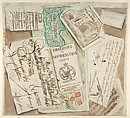 Trompe l'Oeil Design Including Bills, Calling Cards, an Etching, a Map etc., Anonymous, Italian, 18th century Italian, Pen and brown ink, brush with brown, red, green, and gray wash, over black chalk on cream laid paper