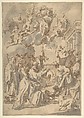 Virgin and Child in Glory with Angels and Saints, Anonymous, Italian, Venetian, 18th century Italian, Pen and brown ink, brush with gray and brown wash, over traces of black chalk, on cream paper. Squared for transfer in black chalk