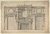 Two Variant Designs for the Interior of a Room, Decorated with Porcelains, Fireplace in Center, and With the Doorways at Either Side, Anonymous, Italian, 18th century Italian, Pen and gray ink, brush and gray wash (and red wash in right half of drawing), over lead or graphite on beige laid paper. Scales in pen and gray ink at bottom