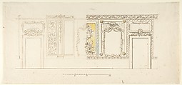 Design for an Interior Wall Decoration of a Palazzo with Two Doorways and a Decorated Panelling with Trophies, Anonymous, Italian, 18th century  Italian, Pen and brown ink, brush and gray, yellow, blue and green wash (only in right half of sheet), over traces of black chalk, on cream laid paper. Scales with numbers 5, 10, 20 at bottom