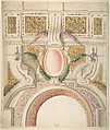 Design for a Part of a Ceiling and a Pediment, Anonymous, Italian, 18th century Italian, Pen and brown ink, brush with green-brown, yellow, mauve, blue, green, red gray, and red-brown wash, over traces of black chalk on cream laid paper