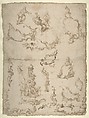 Studies for Figural Groups and Ornament (recto); Design for a Baptismal Font (verso), Anonymous, Italian, North Italy, 18th century, Pen and two colors of brown ink on cream paper (recto); pen and brown ink, brush and brown wash, and black chalk (verso)