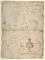 Studies for Figural Groups and Ornament (recto); Design for a Baptismal Font (verso), Anonymous, Italian, North Italy, 18th century, Pen and two colors of brown ink on cream paper (recto); pen and brown ink, brush and brown wash, and black chalk (verso)
