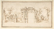 Design for a Painted Wall Decoration, with Figures in a Landscape with Classical Ruins, Anonymous, Italian, 18th century  Italian, Pen and brown ink, brush with brown wash, over black chalk on cream laid paper. Groundline stylus-incised