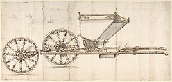 Design for a Carriage (Chaise Italienne?), Anonymous, Italian, 18th century  Italian, Pen and gray ink, brush and brown wash, over black chalk; framing outlines in pen and brown ink