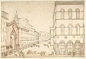 View of Florence: Or San Michele, Towards Piazza della Signoria (Via dei Calzaiuoli), Anonymous, Italian, 18th century  Italian, Pen and brown ink, a little brush and pink-red wash, over traces of graphite on cream laid paper
