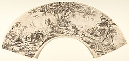 Design for a Fan: Scene of Cupids, and a Sleeping Lion in a Landscape, Anonymous, Italian, 18th century  Italian, Pen and brush with brown ink on cream paper