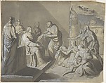 Scene with the Presentation of a Saint's Relic (recto); Head of a Woman (verso), Anonymous, Italian, 19th century, Brush and gray wash and white gouache over graphite (recto); graphite (verso)