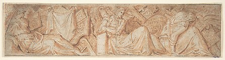 Design for a Frieze with an Armorial Trophy and Three Female Figures, Anonymous, Italian, 19th century  Italian, Pen and red ink and wash