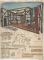 Theatrical design for Inn Interior for G.B. Shaw's "Millionairess," Prague 1936, Antonín Heythum  Czech, Pen and black ink, watercolor, and graphite, with collage elements of newspaper and annotations made in graphite, pen and black and green ink, and pink colored pencil.