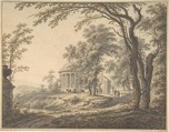 Idyllic Landscape with Temple, Johann Heinrich Müntz  Swiss, Pen and gray ink and watercolor; framing lines in black ink