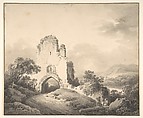 Landscape with a Ruined Tower and Two Figures, Martin von Molitor  Austrian, Brush and gray wash; framing lines in pen and black ink