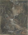 A Waterfall in a Forest at Langhennersdorf, Christoph Nathe German, Brush and brown ink, watercolor, gouache, over a sketch in graphite