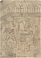 Annunciation with Beato Bernardo Tolomei di Siena, Anonymous, Italian, 19th century  , copy after 16th century, Pen with brown and black inks, brush and brown wash, over graphite; outlines selectively pricked and incised with a stylus; verso has been blackened with black chalk.