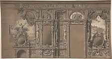 Design for a Heavily Decorated Wall Elevation, Anonymous, Italian, 19th century  Italian, Pen and ink, chalk, and white wash