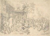 Peasants' Dance Outdoors, Karl Friedrich Wilhelm Richard German, Graphite on paper. Tacked down to paper mount. Squared for transfer in graphite.