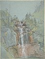 Landscape with a Waterfall, Johann Christoph Rist German, Pen and brown ink, and watercolor on blue paper; framing lines in graphite