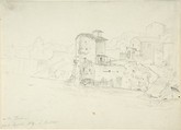 Landscape with Mill and Buildings, Adrian Ludwig Richter German, Graphite on light blue woven paper.