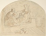 Three Women and a Child on a Roof, Adrian Ludwig Richter German, Graphite, brush, and brown wash.