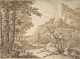 Stags in a Landscape, Johann Elias Ridinger German, Pen and brown ink, brush and brown wash