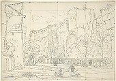 Italian View: A Pathway and Arbor at the Base of Cliffs, Friedrich Salathé (Swiss, Binningen 1793–1860 Paris), Graphite, squared
