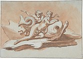 A Sea Nymph and a Triton on a Dolphin, Peter Anton von Verschaffelt Flemish, Pen and gray ink, red chalk, red and gray wash. Framing line in pen and gray ink (possible by the artist).