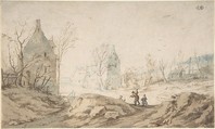 Winter Landscape with Two Peasants Walking, August Dahlsteen  Swedish, Brush and brown and blue ink