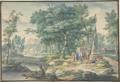 Arcadian Landscape with Figures Making Music, Jan van Huysum  Dutch, Pen and gray ink and watercolor. Broad framing line in black ink