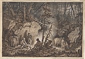 Hunters resting in a forest at night, Kilian Christoffer Zoll Swedish, Pen and brown and black ink, brush and brown and gray wash, heightened with white bodycolour; framing lines in pen and black ink
