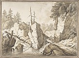 Swiss mountain landscape with small bridge spanning a brook, Franz Schütz  German, Watercolor and gouache, over graphite